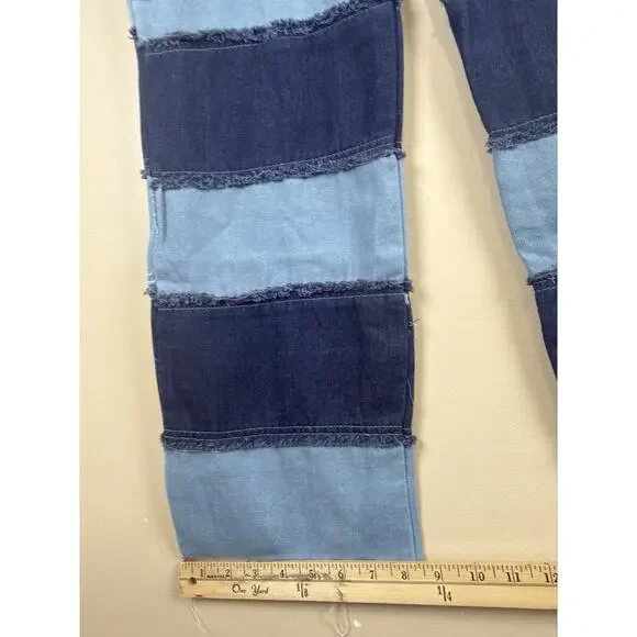 Jeans Women’s Blue Y2K Patchwork Size L High Rise Frayed Straight Leg Raw Hem - Picture 12 of 13